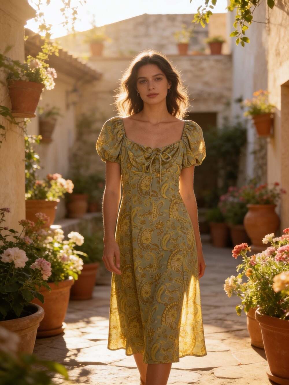 Dizzy Lizzy Yellow and Blue Paisley Sweetheart Puff Sleeve Midi Dress